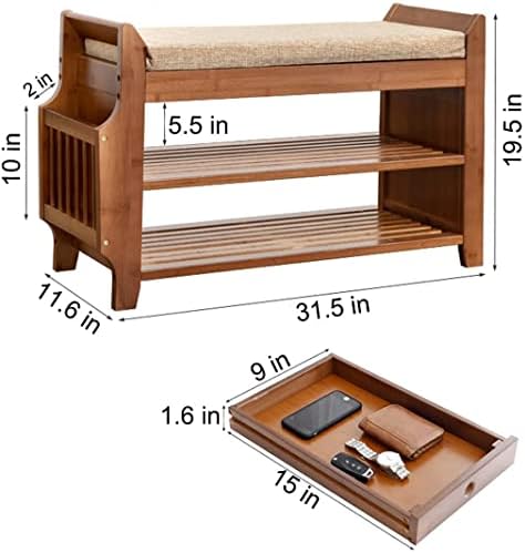 PETKABOO Shoe Bench with Hidden Drawer and Side Holder, 2 Tier Entryway Bench with Storage 31.5 in, Bamboo Shoe Rack with Cushion for Entryway Hallway Living Room Bedroom - Image 3