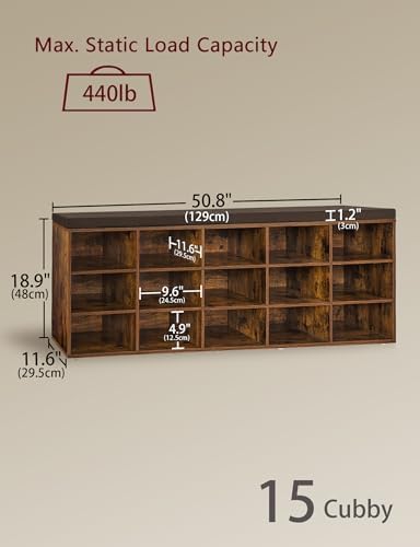 DINZI LVJ Shoe Storage Bench with Cushion, 15-Cubby Shoe Rack with Seat - Image 3