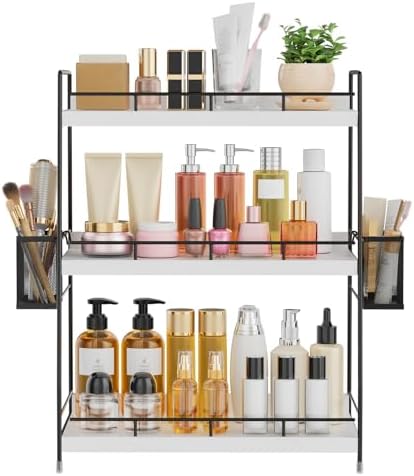 Wood Bathroom Counter Organizer with Metal Frame for Vanity Storage ,White by BSTSLL