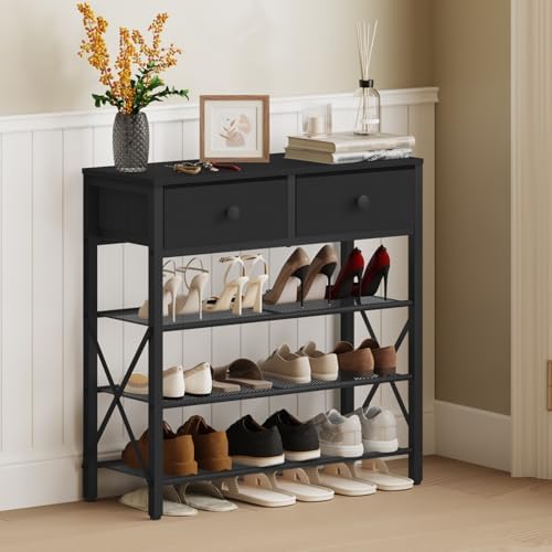 YATINEY 4 Tier Shoe Rack, Large Capacity Shoe Storage Organizer, Metal Shoe Shelf with Drawer and Wooden Top, for 16 Pairs of Shoes, for Entryway, Closet, Black SS24BB - Image 2