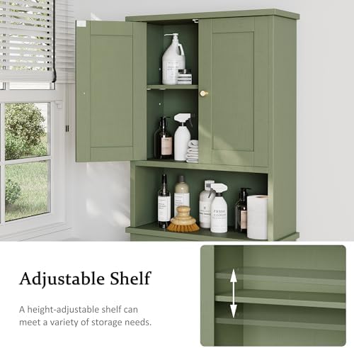 Over the Toilet Storage Cabinet, Bathroom Storage Organizer Over Toilet, Space Saver W/Adjustable Shelf & Open Shelf, Green - Image 4