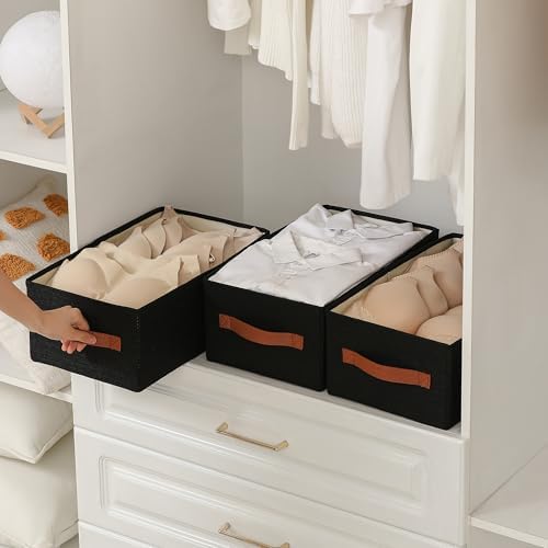 linen closet organizers and storage, 3 Pack Large Storage Baskets, Washable, Clothing Storage Bins with Handle, Closet Organizer for Storage Sweater,Sheets (Black, 16" x9½x6¾) - Image 4