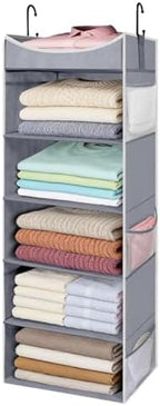 5-Shelf Hanging Closet Organizer and Storage with Side Pockets, Collapsible Closet Hanging Shelves for Storage, Grey by ROOMTALK