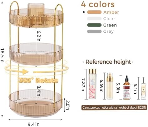 360° Rotating Makeup Organizer, Upgraded 3 Tier Skincare Perfume Organizers for Women, Bathroom Organizer Countertop, Clear Cosmetic Dresser Organizer with Makeup Brush Holder, Sink&Counter(Amber) - Image 2