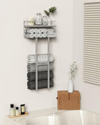 Aetyord Towel Racks for Bathroom - Wall Mounted Metal Rack with Wood Plank, Bathroom Storage Organizer, Towel Holder Stores 6 Large Rolled Towels Easily, All Grey - Image 4
