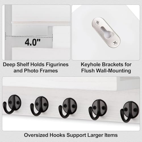 Lwenki Key Holder Wall Mount, Entryway Key and Mail Holder with 7 Sturdy Hooks for Sunglasses, Dog Leash, Decorative Wall Shelf with Mounting Hardware, 15”W x 6.7”H x 4.2”D (White) - Image 3