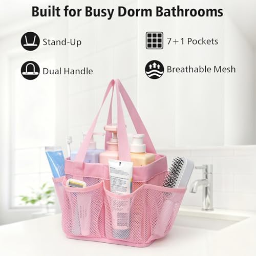 F-color Mesh Shower Caddy Portable - Stand Up 8 Pockets for Dorm, Pink - Image 2