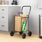 Whitmor Foldable Utility Shopping Cart with Wheels, Heavy Duty Metal Grocery Cart, Portable Foam Handle, Rolling Collapsible Trolley for Groceries, Laundry, Storage, Black - Image 2