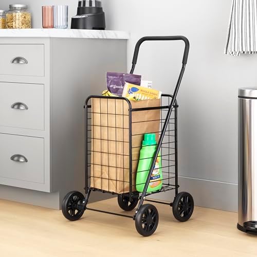 Whitmor Foldable Utility Shopping Cart with Wheels, Heavy Duty Metal Grocery Cart, Portable Foam Handle, Rolling Collapsible Trolley for Groceries, Laundry, Storage, Black - Image 2