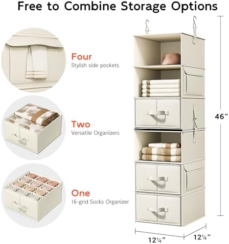6-Shelf Hanging Closet Organizer with 3 Drawers, 2-in-1 Design, Beige | Converts into Two 3-Shelf Organizers, Foldable Drawers, Side Pockets, Ideal for Wardrobe, Nursery, Dorm & Closet Storage - Image 3
