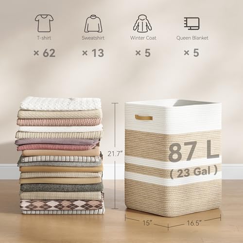 Nunsino 87L Laundry Hamper,Laundry Basket with Leather Handles,Woven Storage Basket for Toys,Pillows,Blankets,Clothes,Brown&White - Image 2