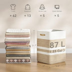 Nunsino 87L Laundry Hamper,Laundry Basket with Leather Handles,Woven Storage Basket for Toys,Pillows,Blankets,Clothes,Brown&White - Image 2