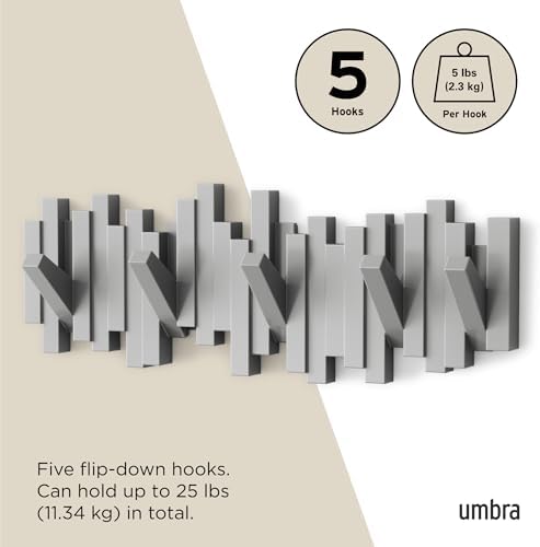 Umbra Sticks Wall Mount Coat Rack, 5 Hook Retractable Pegs, Grey - Image 5