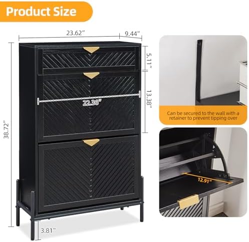 Shoe Cabinet with 2 Flip Drawers, Narrow Entryway Rack, Black - Image 2