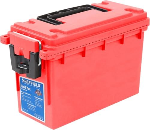 Sheffield 12636 Ammo Storage Box, Stackable .30 Cal Field Boxes, Water and Dust Resistant, Lockable Storage Box with Handle, Secures Hunting Gear, Supplies, and Bullets, Made in USA, Red, (Pack of 6) by Sheffield