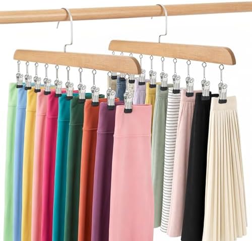 2-Pack Pants Hangers with Clips – 10 Clips Each, Space Saving Closet Organizer Hanger for Leggings, Jeans, Hats, Shorts, Belts, Scarves – Closet Organizer(2, Wood) by Unknown