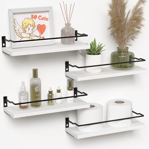 RICHER HOUSE White Bathroom Floating Wall Shelf Set of 4, Small Organizer Over Toilet Storage, Guard-Rail Kitchen Shelves - White by RicherHouse