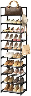 Narrow Shoe Rack 10 Tiers Tall Shoe Rack for Entryway Closet 20 24 Pairs Shoe & Boots Organizer Storage Shelf Durable Black Metal Stackable Shoe Cabinet with Hooks, 17.1D x 11.8W x 78.7H in by WEXCISEforTidyingHouse