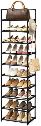 Narrow Shoe Rack 10 Tiers Tall Shoe Rack for Entryway Closet 20 24 Pairs Shoe & Boots Organizer Storage Shelf Durable Black Metal Stackable Shoe Cabinet with Hooks, 17.1D x 11.8W x 78.7H in by WEXCISEforTidyingHouse