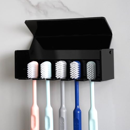 5 Slots Wall Mount Toothbrush Holder with Cover, Self Adhesive Toothbrush Storage Organizer for Shower, Toothbrush Hanger for Bathroom, Medicine Cabinet, Dorm (Black) - Image 5