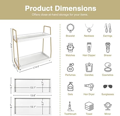 Forbena Bathroom Organizer Countertop, Counter Organizer for Bathroom Decor, Wooden Sink Shelf for Vanity Storage, Makeup Tray for Perfume Skincare Bedroom Kitchen Corner (2 Tier, White and Gold) - Image 2