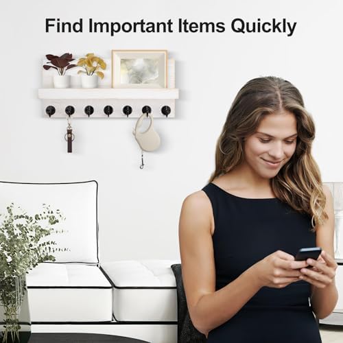 Lwenki Key Holder Wall Mount, Entryway Key and Mail Holder with 7 Sturdy Hooks for Sunglasses, Dog Leash, Decorative Wall Shelf with Mounting Hardware, 15”W x 6.7”H x 4.2”D - Image 5