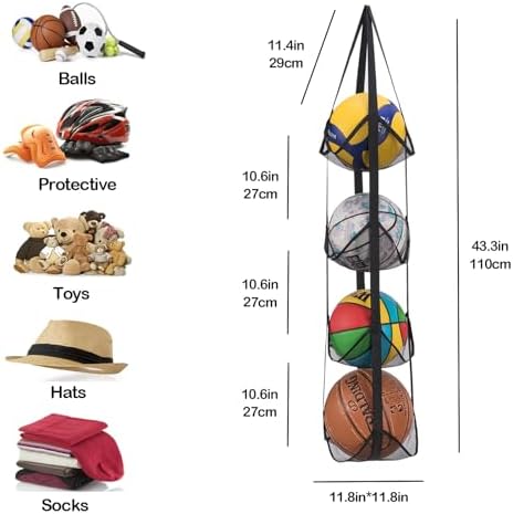 Black Hanging Sports Ball Organizer Bag | Mesh Wall Mount Storage for Basketball, Football, Soccer, Volleyball | Garage & Home Equipment Storage Solution - Image 3