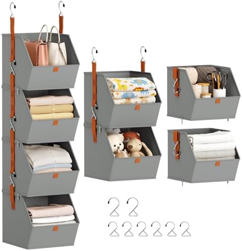Homsorout Hanging Closet Organizer 4 Tier - Clothes Hanging Shelves, Space-Saving Closet System, Fabric Storage Bins Bedroom Organization, Collapsible Baskets for Home, Dorm, Rv, Grey by Homsorout