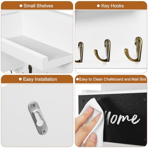 Decorative Key Hanging Rack with 8 Hooks – Easy Install Natural Wooden Key and Mail Holder for Wall Mount – Sunglasses Wallet Holder Entryway Decor with Shelf and Chalkboard (White) - Image 3