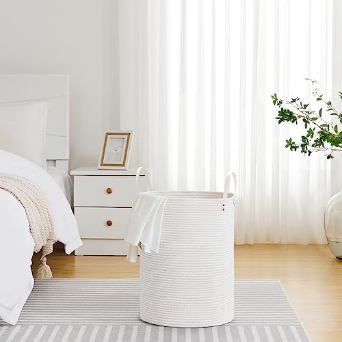 VIPOSCO 58L Tall Woven Rope Laundry Hamper, Leather Handles, White - Image 4