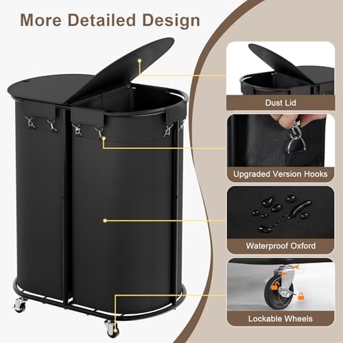 200L Double Laundry Hamper with Lid & Wheels, Oval Rolling Laundry Basket - Image 5