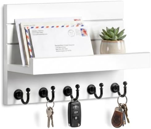 HONJIN Key Holder Wall Mount with Shelf and 5 Sturdy Key Hooks (White) by HONJIN