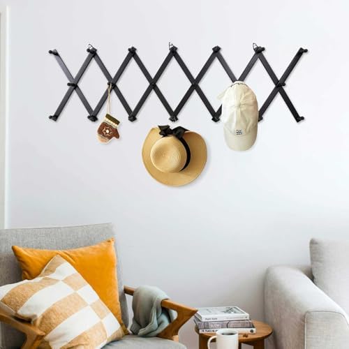 SCUNDA Wall Rack with 20 Hooks, Wooden Wall Expandable Coat Rack for Coat, Hats, Baseball Caps, Coffee Mug, Jewelry(Black) - Image 6