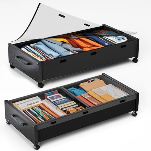 KITHELP Wooden Under Bed Storage with Wheels, 80L Extra-large Rolling Under the Bed Storage Bins 2 Pack with Removable Lid, Upgrade Metal Under Bed Drawers for Clothes Shoes Blankets in Bedroom by KITHELP