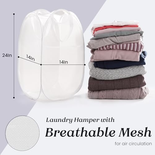 TECHMILLY Collapsible Mesh Pop Up Laundry Hamper with Sturdy Handles and Side Pocket - Portable Foldable Clothes Baskets for Dorm, Bathroom & Travel Storage (White) - Image 5