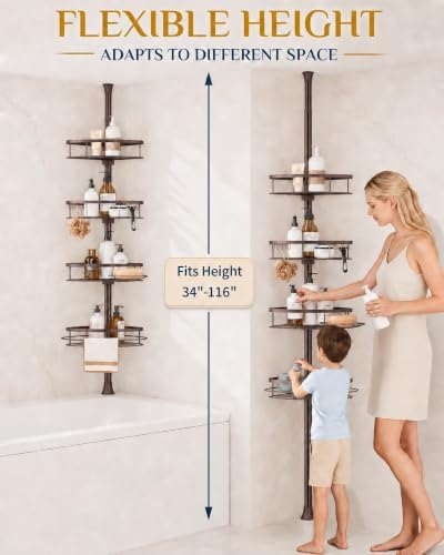 SEIRIONE Rustproof Shower Corner Caddy Organizer for Bathroom, Tension Pole with 4 Baskets, for Bathtub Storage Rack, 34 to 116 Inch Height, Bronze - Image 3