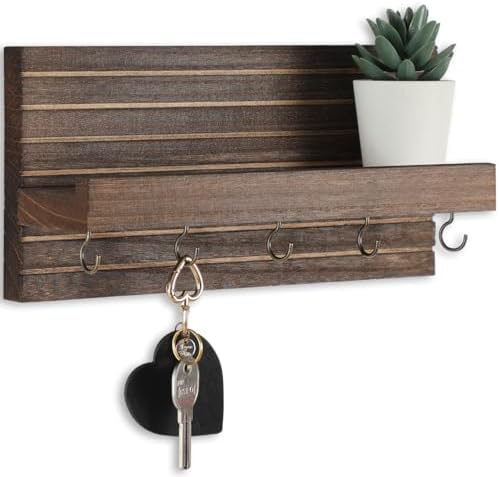 Lwenki Decorative Key Holder for Wall with Shelf, Entryway Shelf with Hooks Holds Leashes, Jackets and Glasses – Sturdy Wood Keyholder Entrance Hanger with Mounting Hardware (Brown, Medium) by Lwenki