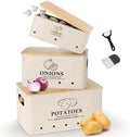 Kitchen Vegetable Storage Set of 3, Metal Onion Garlic Potato Storage Set, Kitchen Canisters Vegetable Keeper Containers with Aerating Holes and Bamboo Lid，Beige by Dekosilave