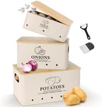 Kitchen Vegetable Storage Set of 3, Metal Onion Garlic Potato Storage Set, Kitchen Canisters Vegetable Keeper Containers with Aerating Holes and Bamboo Lid，Beige by Dekosilave