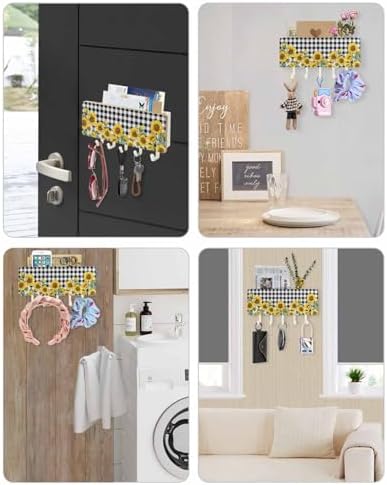 Sunflower Key Holder Wall Mount,Black White Check Country Yellow Floral White Hanging Mail Organizer with 5 Key Hooks Wall Decorative,Adhesive Key Rack with Shelf for Hallway Kitchen Entryway Decor - Image 6