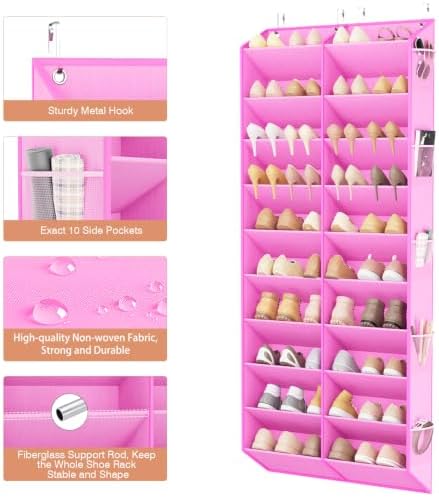 LANTEFUL Over the Door Shoe Organizer, Hanging Shoe Rack for Closet Door Shoe Storage for 30 Pairs Sneaker and Boots, Large Shoe Holder for Door with 10 Side Pockets, Space Saving, Pink - Image 4