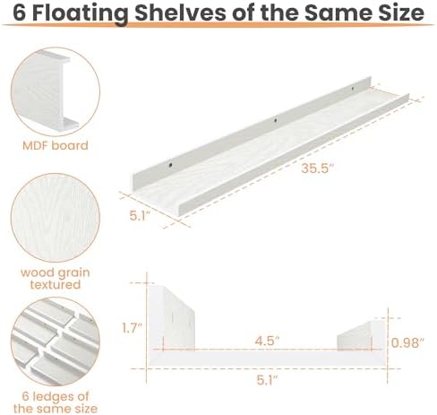 upsimples Floating Shelves for Wall Decor and Storage, White, 6Pcs 35.5'' - Image 3