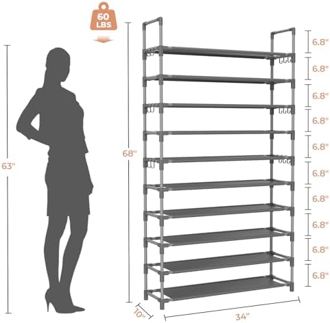 LANTEFUL Tall Shoe Rack 10 Tier Shoe Organizer Large Shoe Shelf with 18 Hooks Storage for 50 Pair Sneaker and Boot, Stackable Vertical Shoe Rack Organizer for Closet, Entryway, Bedroom, Grey - Image 3