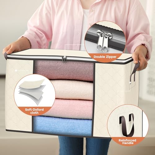 90L Large Storage Bags, 4 Pack Clothes Storage Bins Closet Organizers | Foldable Storage Containers, with Reinforced Handle, for Clothing, Blanket, Comforters, Bed Sheets, Pillows and Toys - Image 3