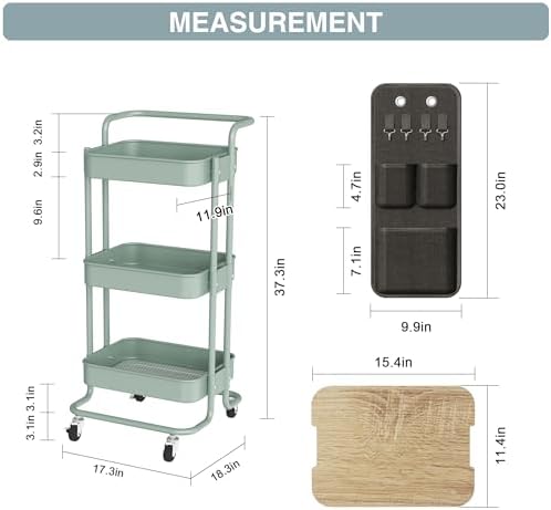 DTK 3-Tier Rolling Cart with Table Top, Metal Utility Cart with Side Bags - Image 6