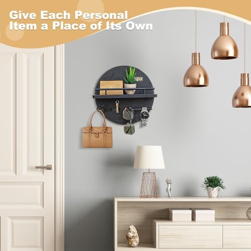 Key Holder for Wall, Key and Mail Holder Organizer with - Key Holder Wall Mount - Round Wooden Rustic Home Decor for Entryway, Mudroom, Hallway, Kitchen Office (Solid Black) - Image 3