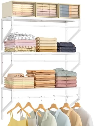 ThreeHio Expandable Closet Shelves Wall Mounted, 3 Pack Closet Shelving with Hanging Rods, Wall Shelving for Walk-in Closet, Hanging Shelves Organizer and Storage for Closet, Laundry by ThreeHio