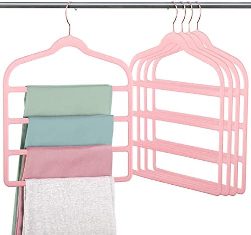 Velvet Pant Clothes Hanger Space Saving Non Slip Hanger Jean Slack Hangers | Multiple Velvet Hanger Closet Organizer Storage and Organization for Jeans,Scarf,Tie((Pink, 5) by Myfolrena
