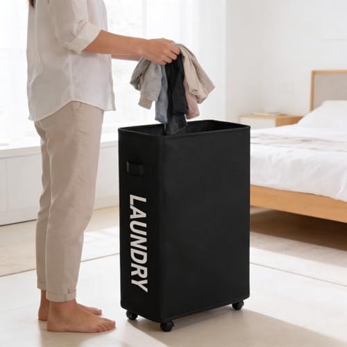 Slim Laundry Hamper with Wheels, 52L Skinny Hamper, 22" Black - Image 3