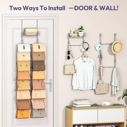 SWTYMIKI Over the Door Purse Organizer - Wall Mounted Handbag Organizer with 16 Hooks and Metal Basket, Hanging Purse Storage Rack Holds up to 16 Bags, Bag Rack Can Use As 1/2 Part, for Door, Closet - Image 5